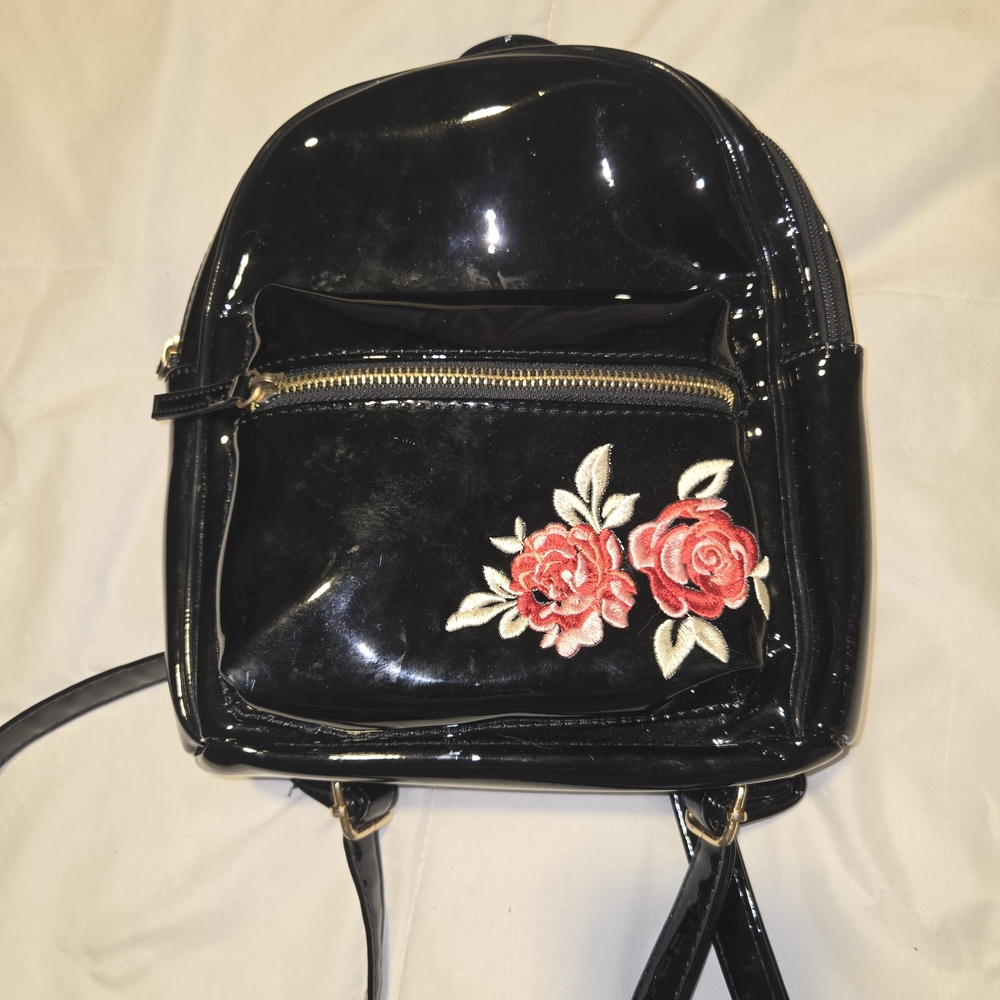 Elegant Black Backpack with Red Floral Embroidery